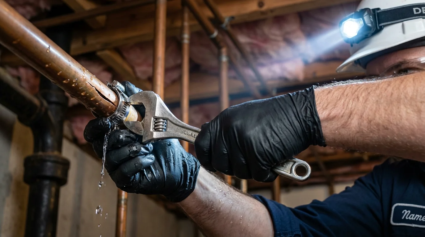 Emergency pipe clamp repair being performed by a Johns Plumbing LLC plumber in Fairfax Station
