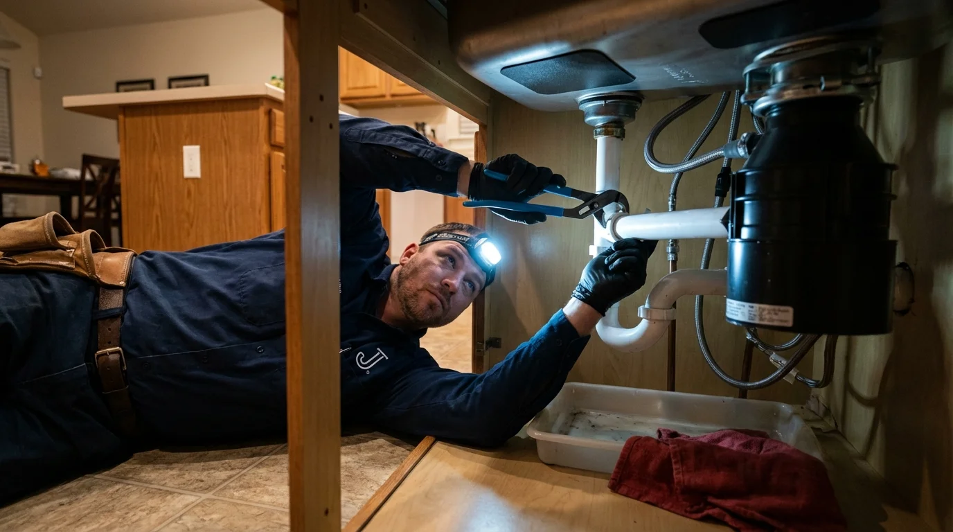 P-trap and supply line connections under a kitchen sink showing a common leak point in Fairfax Station, VA